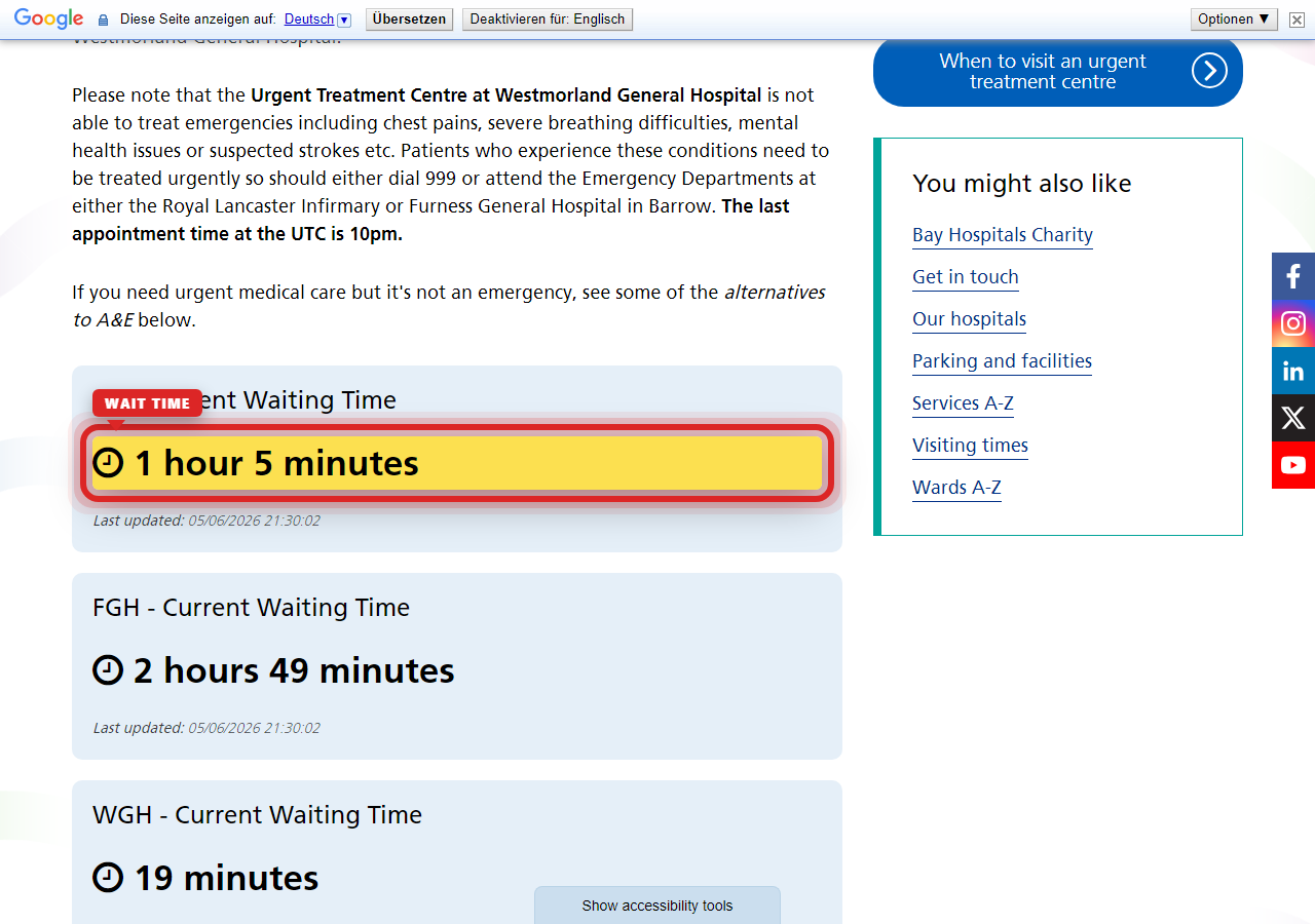 Independently captured screenshot of University Hospitals Of Morecambe Bay NHS Foundation Trust&rsquo;s public wait time page
