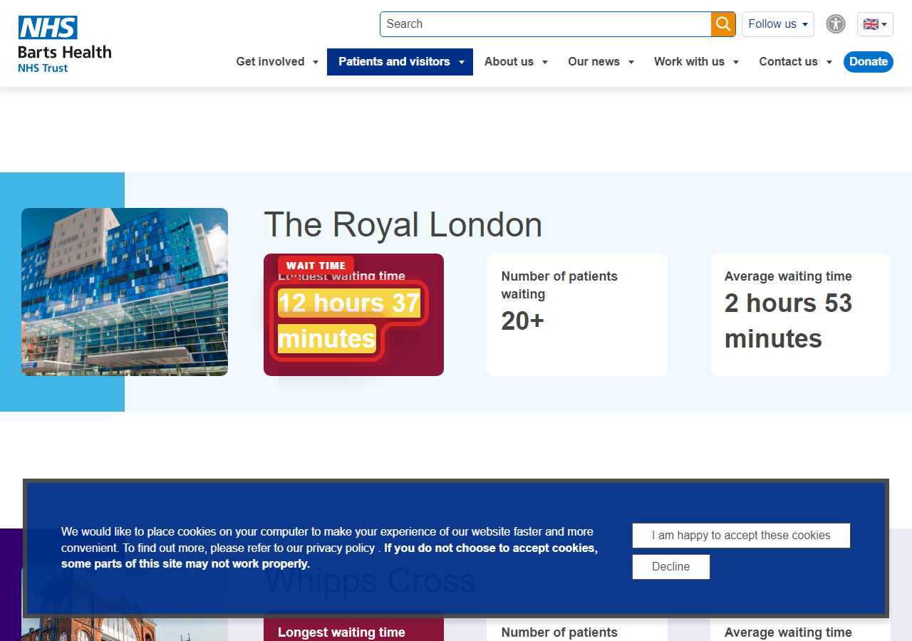 Independently captured screenshot of Barts Health NHS Trust&rsquo;s public wait time page