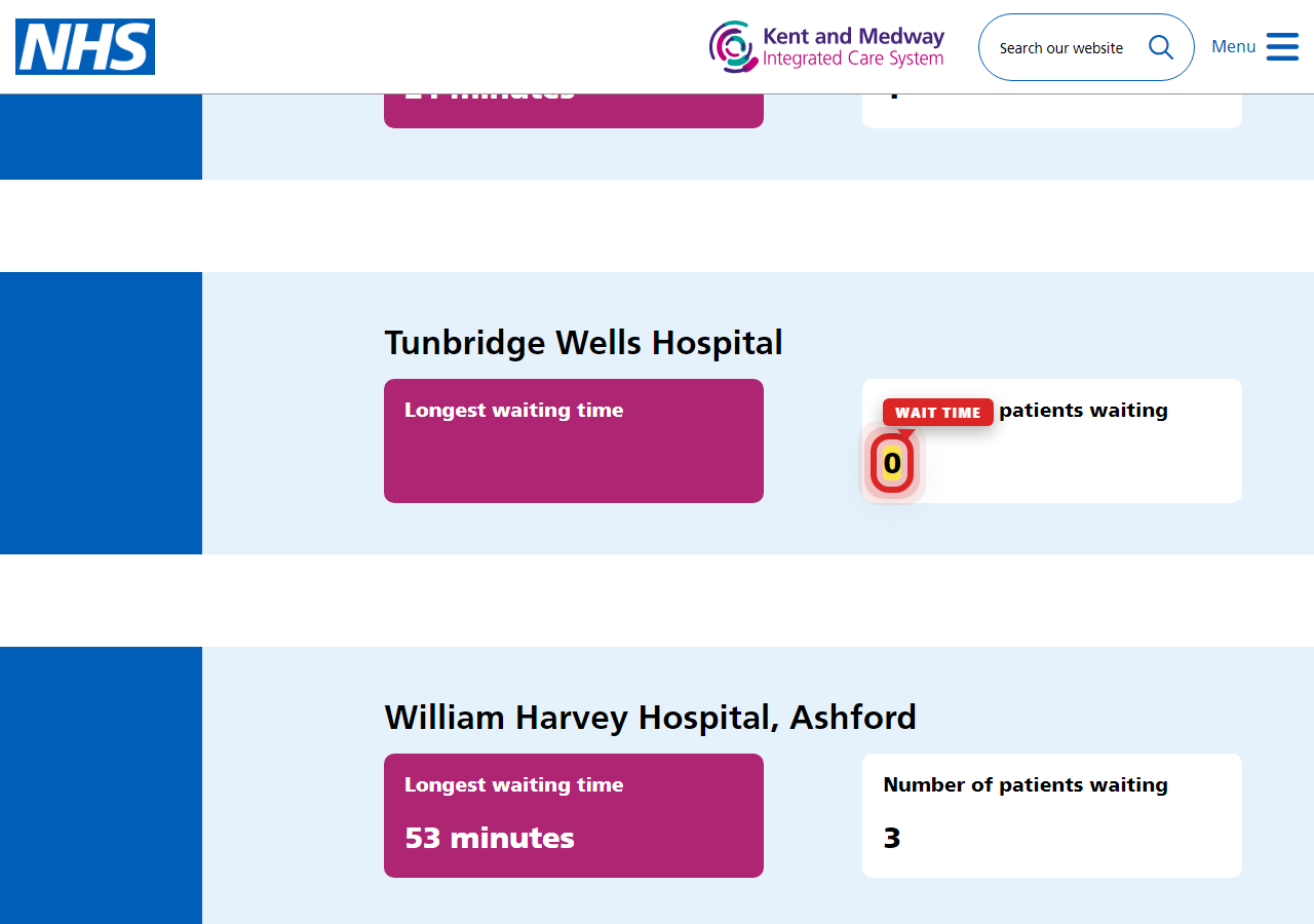 Independently captured screenshot of Maidstone and Tunbridge Wells NHS Trust&rsquo;s public wait time page