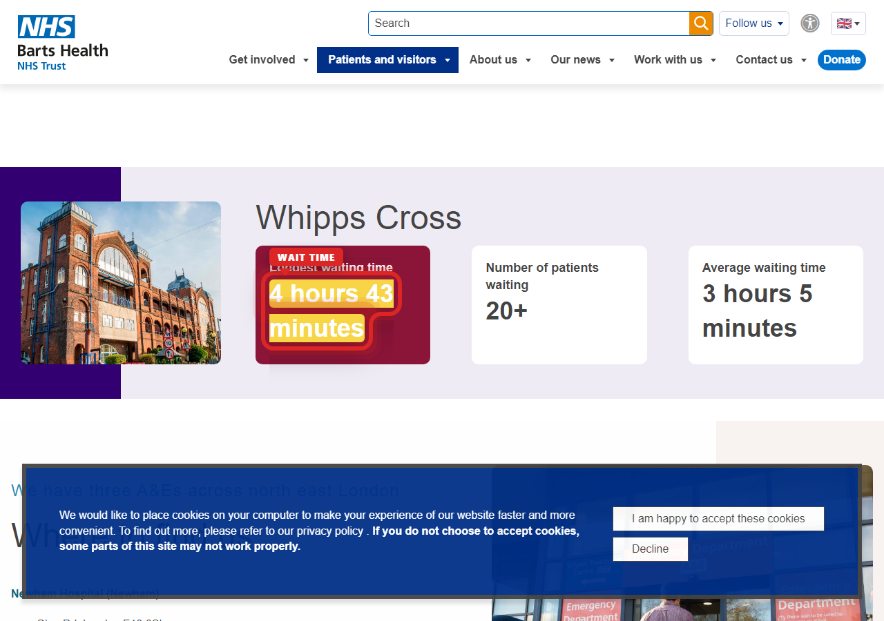 Independently captured screenshot of Barts Health NHS Trust&rsquo;s public wait time page