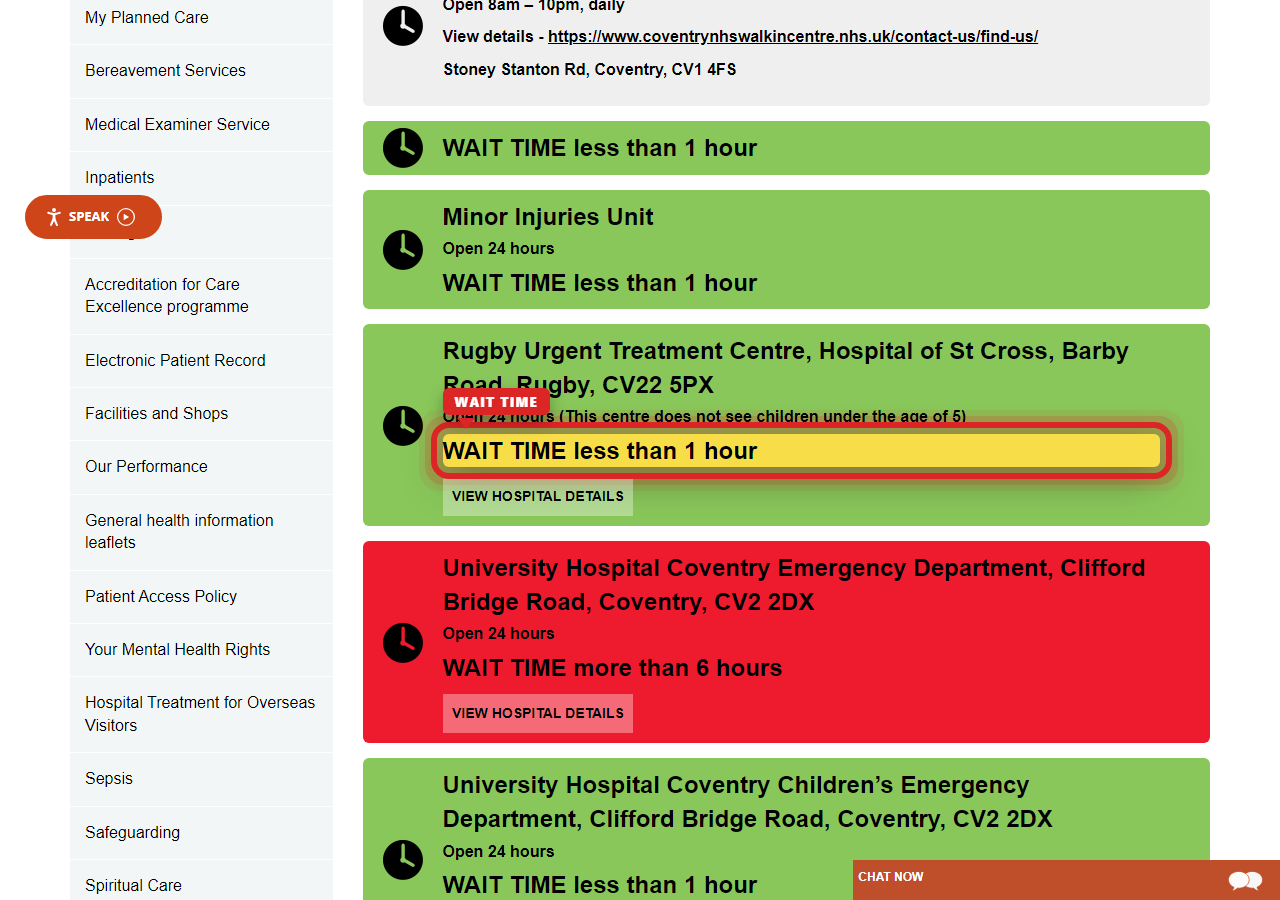 Independently captured screenshot of University Hospitals Coventry and Warwickshire NHS Trust&rsquo;s public wait time page