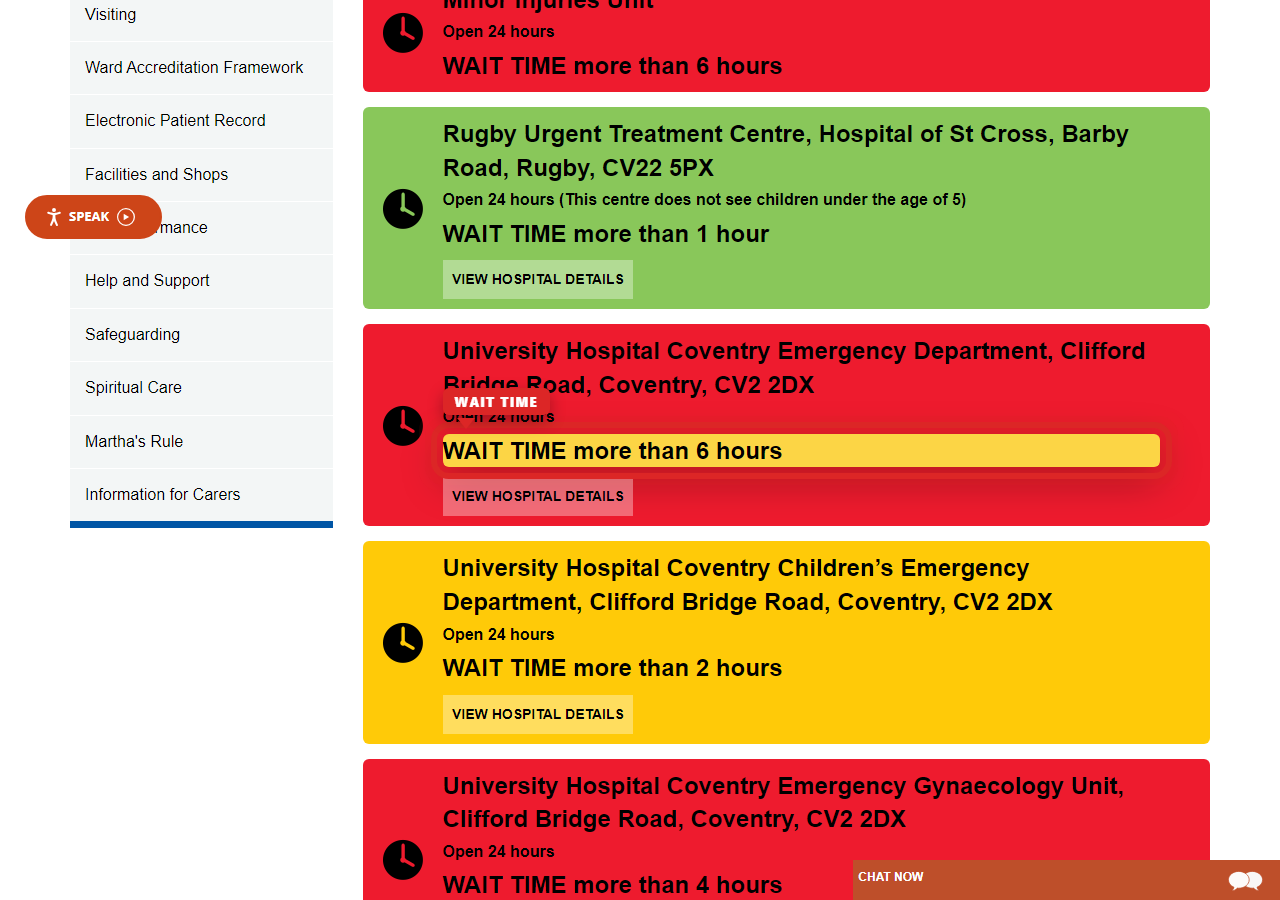 Independently captured screenshot of University Hospitals Coventry and Warwickshire NHS Trust&rsquo;s public wait time page