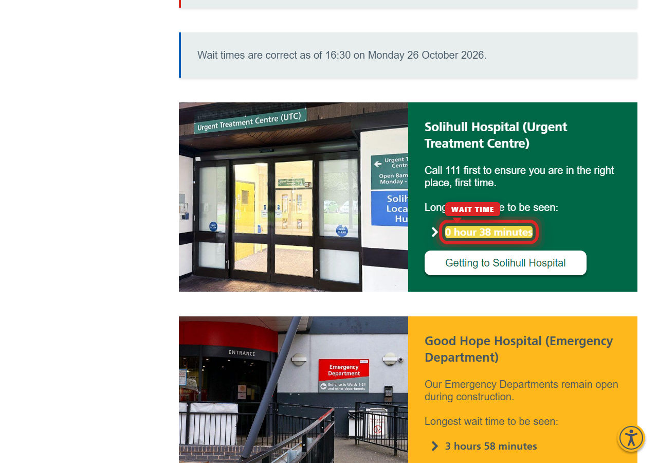 Independently captured screenshot of University Hospitals Birmingham NHS Foundation Trust&rsquo;s public wait time page