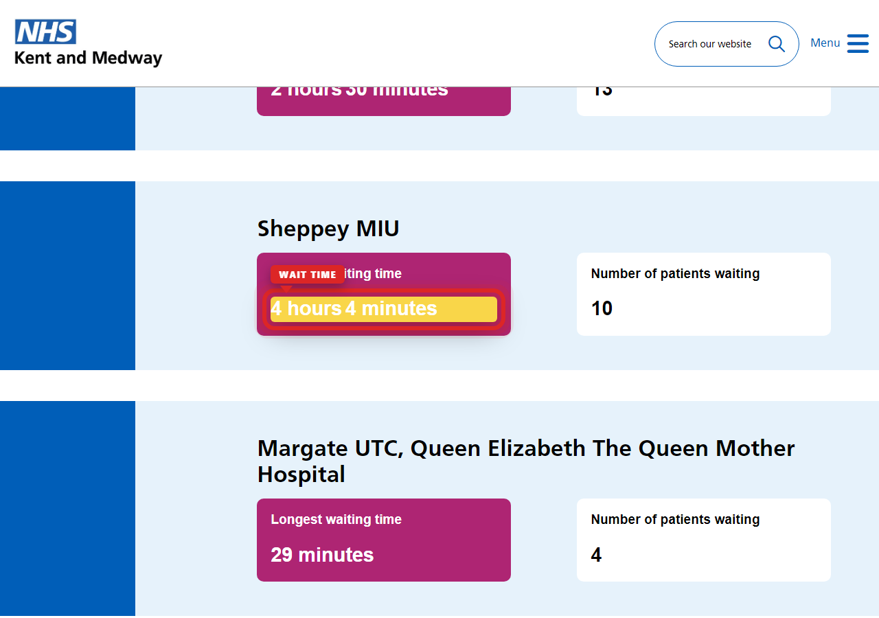 Independently captured screenshot of East Kent Hospitals University NHS Foundation Trust&rsquo;s public wait time page
