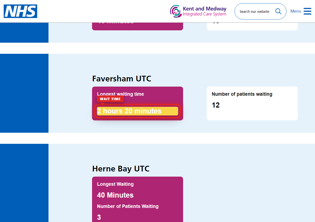 Independently captured screenshot of East Kent Hospitals University NHS Foundation Trust&rsquo;s public wait time page