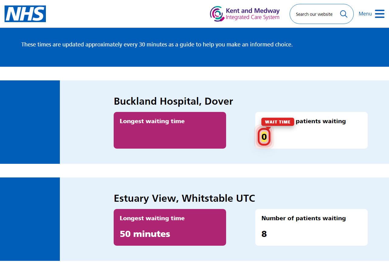 Independently captured screenshot of East Kent Hospitals University NHS Foundation Trust&rsquo;s public wait time page