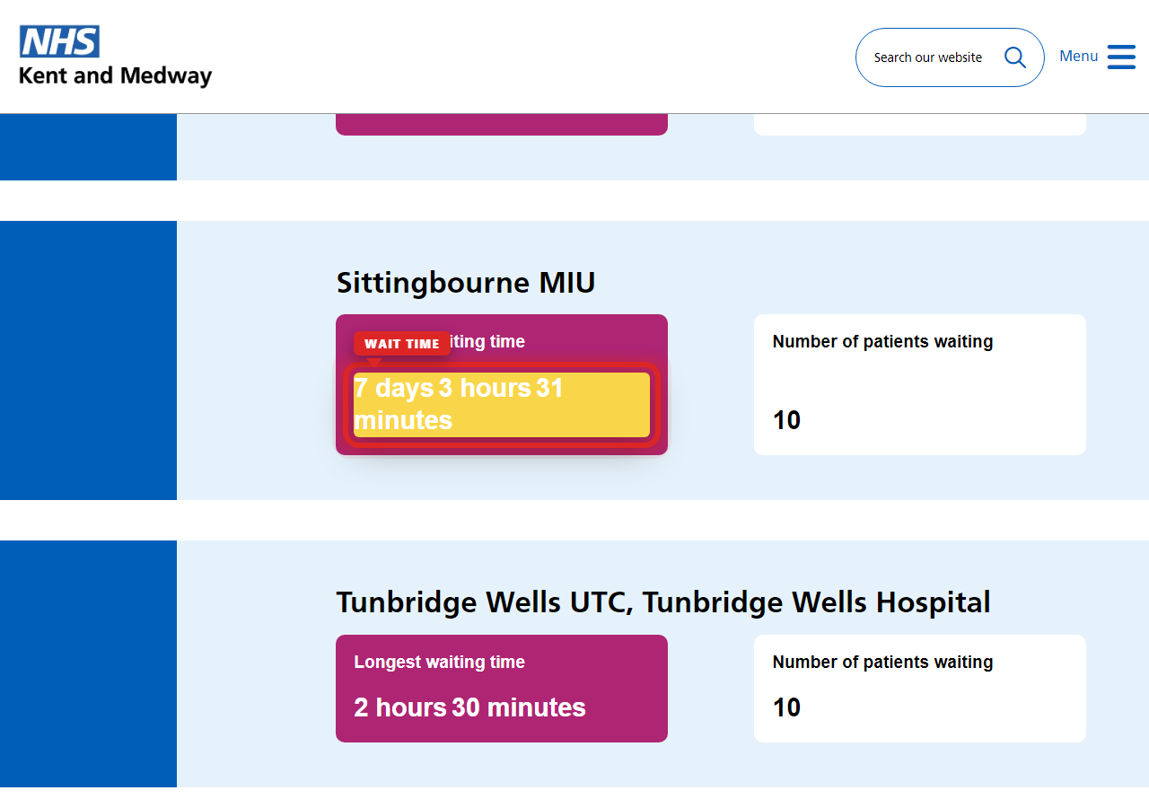 Independently captured screenshot of Medway NHS Foundation Trust&rsquo;s public wait time page