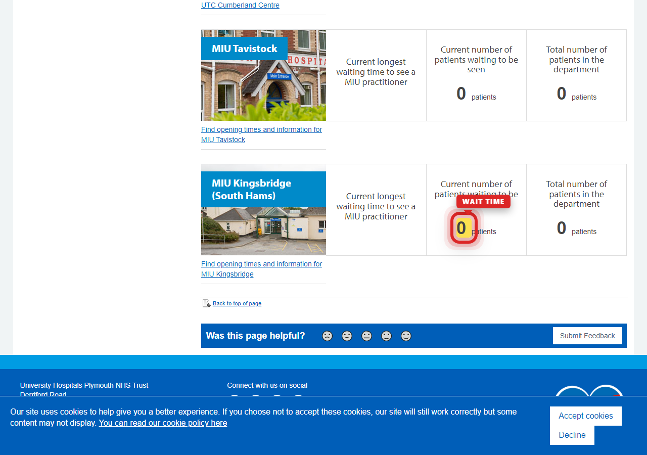 Independently captured screenshot of University Hospitals Plymouth NHS Trust&rsquo;s public wait time page