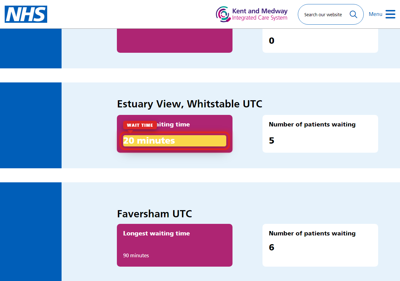 Independently captured screenshot of the NHS trust&rsquo;s public wait time page