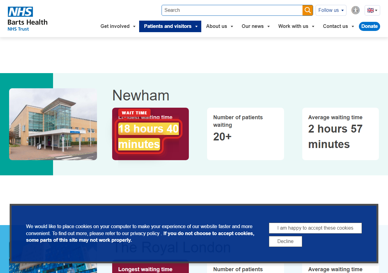 Independently captured screenshot of Barts Health NHS Trust&rsquo;s public wait time page
